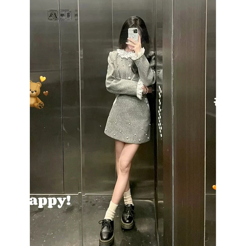 

Корейский комплект с короткой юбкой и шерстяным пальто для женщин, осенне-зимний, из двух предметов, модный наряд, вдохновленный корейскими дорамами