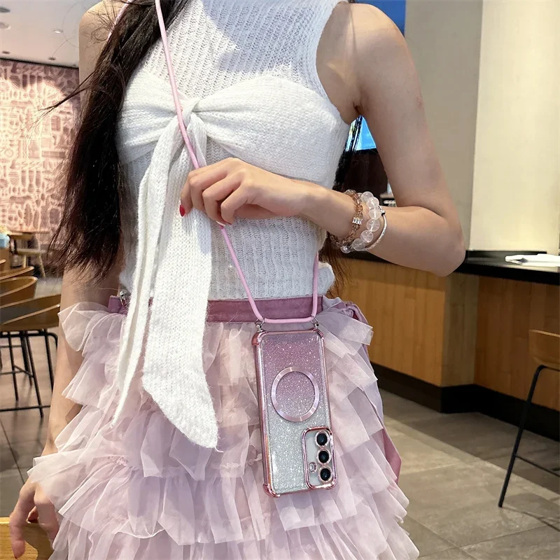 SR-طلاء واضح المغناطيسي حالات لسامسونج غالاكسي A36 A56 S25 S24 FE S23 الترا A36 A56 A16 Crossbody الحبل قلادة غطاء