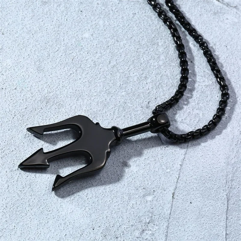 Greek Poseidon Neptune Trident Spear Necklace God Of Sea Men Pendant Black Stainless Steel Charm Unisex Jewelry