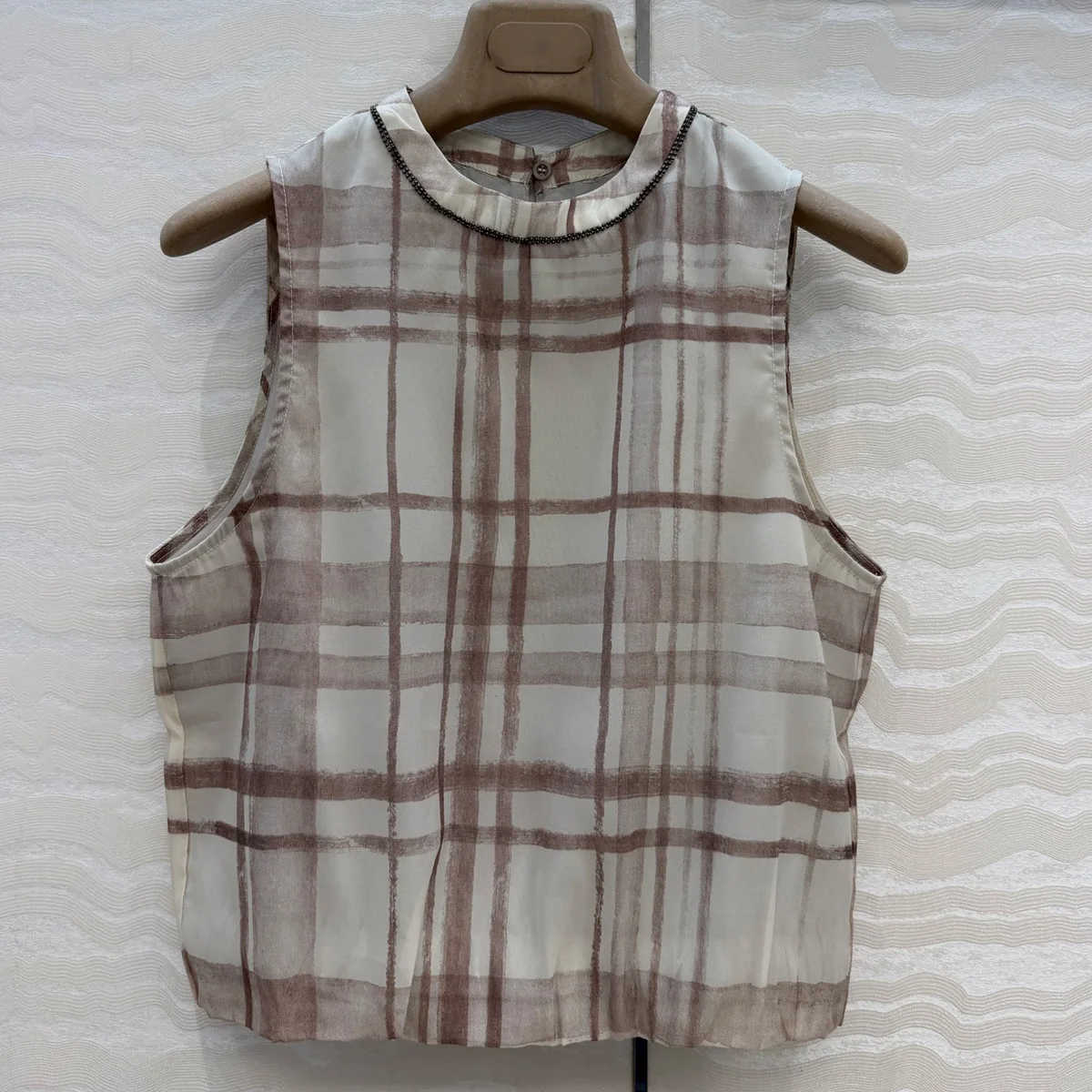High Quality Plaid Print Beaded Neck Sleeveless Blouse Women Back Button Pocket Vest Daily Office Casual Tank Tops lyt2671522