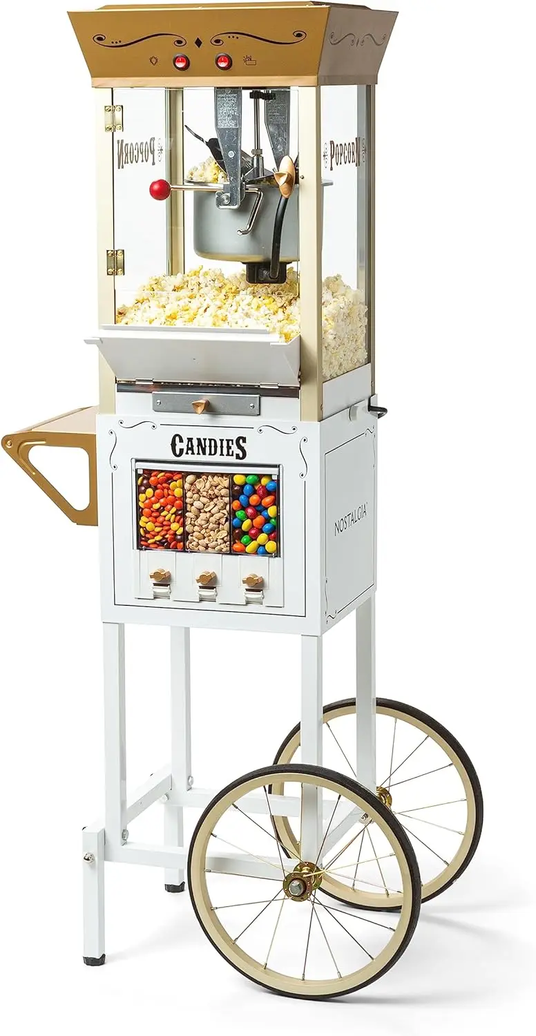 8 Oz Kettle Makes Up to 32 Cups, Vintage Movie Theater Popcorn Machine with Three Candy Dispensers and Interior Light