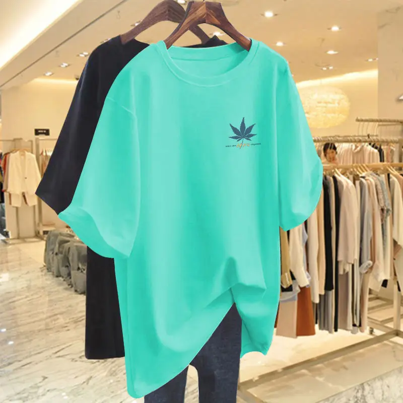 Women Clothing Loose Pure Cotton Short Sleeve T-shirts Summer Maple Leaves Graphic Casual O-neck Top Tees Basic Pullover M-6XL