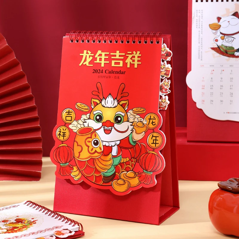 2024 Tahun naga Cina lucu kreatif klasik kalender meja Mini Desktop kertas kalender hadiah Tahun Baru