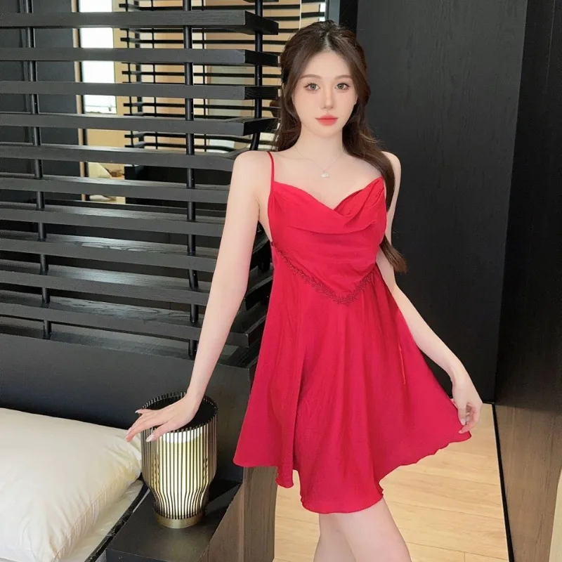 Suspender Nightdress Women Summer Elegant Loungewear with Chest Pad Swing Collar Nightgowns Ladies Sexy Design Nightdress Female