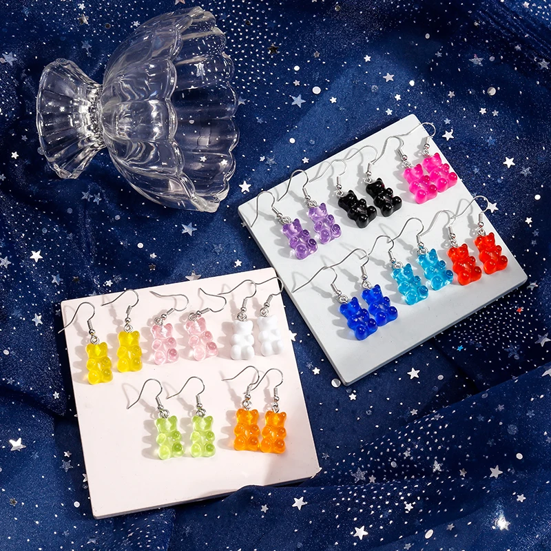 Cute Resin Candy Colors Mini Gummy Bear Earrings for Women Girls Cartoon 3D Animal Drop Earrings Jewelry Gifts