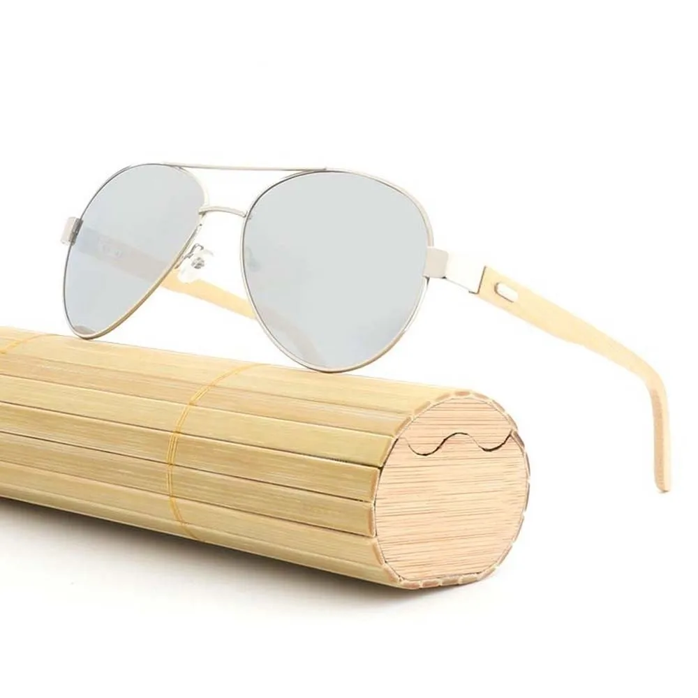 Bamboo Wood Temple Double Bridge Shades Metal Front Frame Mirrored Lens Big Frame Sunglasses Lightweight Material Sturdy Hinge