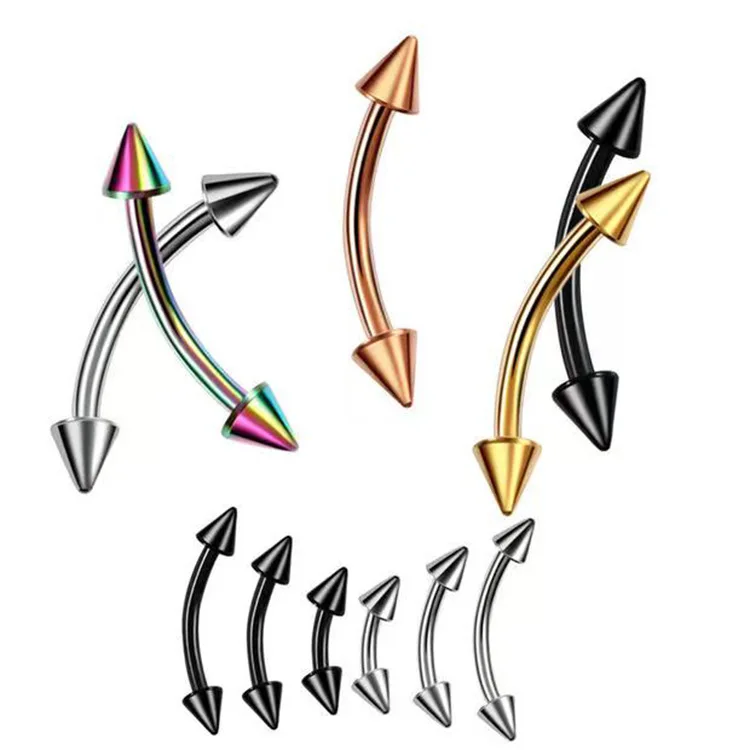 2Piece Titanium Steel Eyebrow Piercing Stud Curved Barbell Double Spike Banana Earrings Lip Bar Daith Helix Unisex Body Jewelry