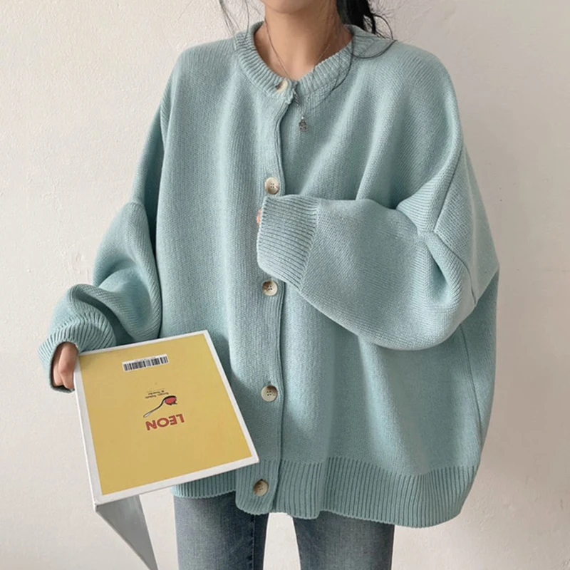 

Chic Vintage Lazy Sle round Ne Single Button Loose Knitted Long Sve Casual All-Match Outerwear Sweater Comfortable Fit