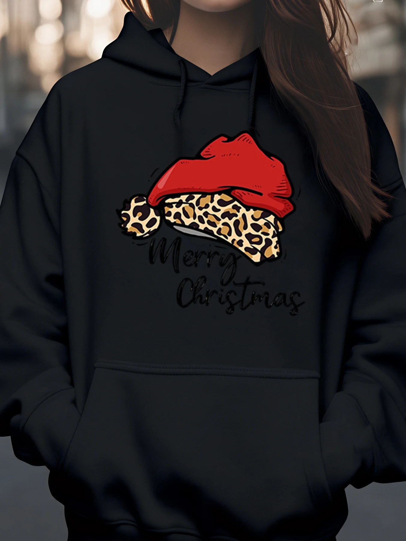 Sombrero de Papá Noel de leopardo, sudadera con capucha con estampado de Feliz Navidad, ropa informal para vacaciones para mujer