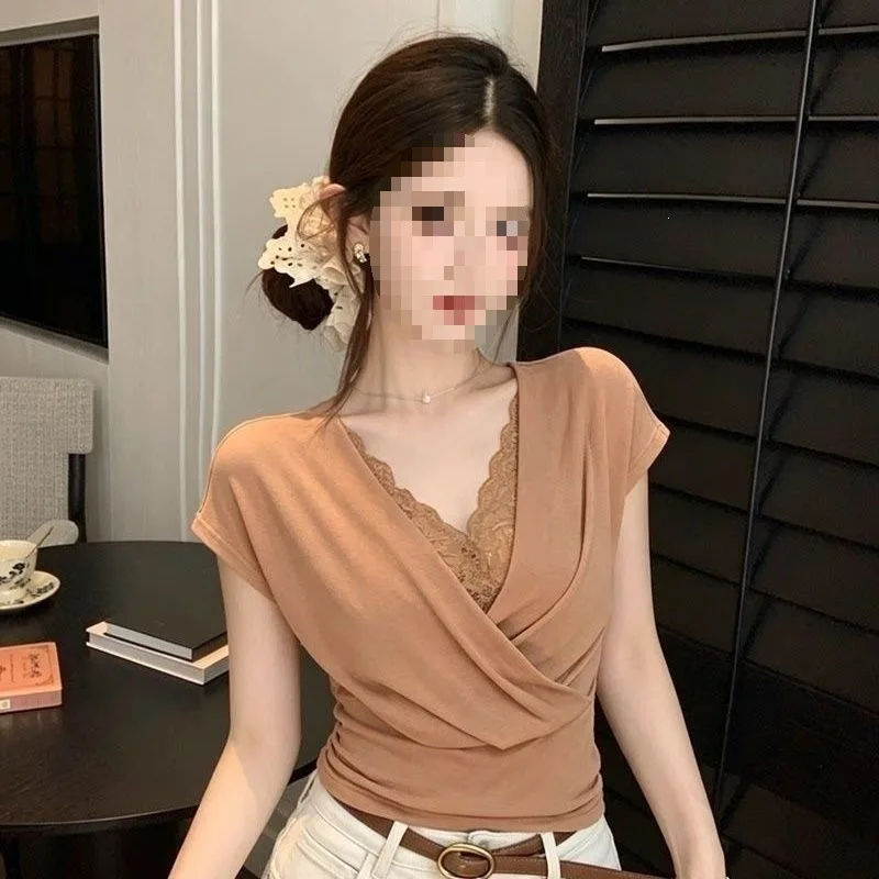Women's V Neck Lace Trim Wrap Top Short Sleeve Slim Fit Casual Blouse