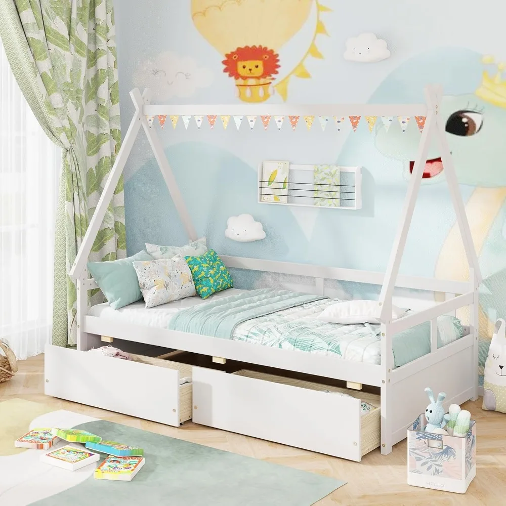 

Twin Bed with 2 Storage Drawers, Wood Montessori House Tent Bed Frame with Safety Guardrail