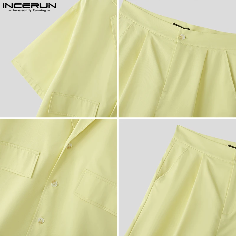 Conjuntos para hombre INCERUN, camisa y pantalones cortos de media manga con solapa de gran tamaño de Color sólido, conjuntos de dos piezas, ropa de calle de verano, trajes de moda para hombre 2025