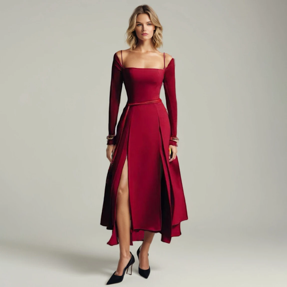 

Solid Slimming Split Long Dresses For Women Square Neck Long Sleeve High Waist Temperament Dress Female Fashion New