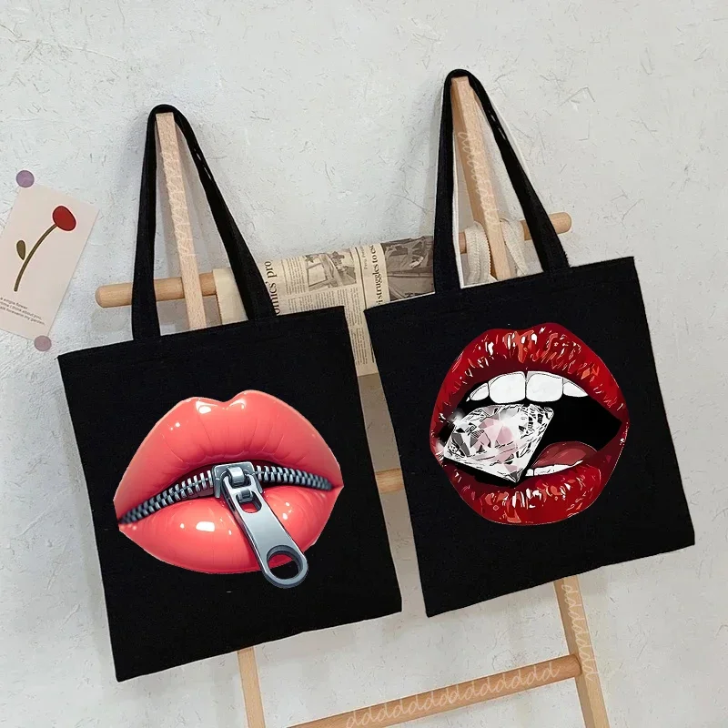 Fashion Canvas Tote Bag Red Lips and Diamond Print Lady Shoulder Shopping Bag Lips Style Fashion Casual Women Tote Handbag