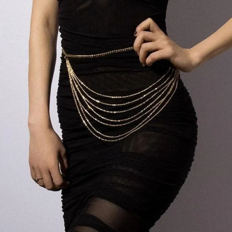 

New European and American popular waist chain, metal alloy necklace, multi-layer, three-color optional