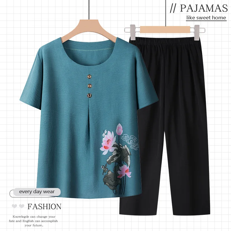 Conjunto De Pijama De dos piezas para madre De mediana edad, ropa De dormir elegante De manga corta, Lotus, holgado, Verano