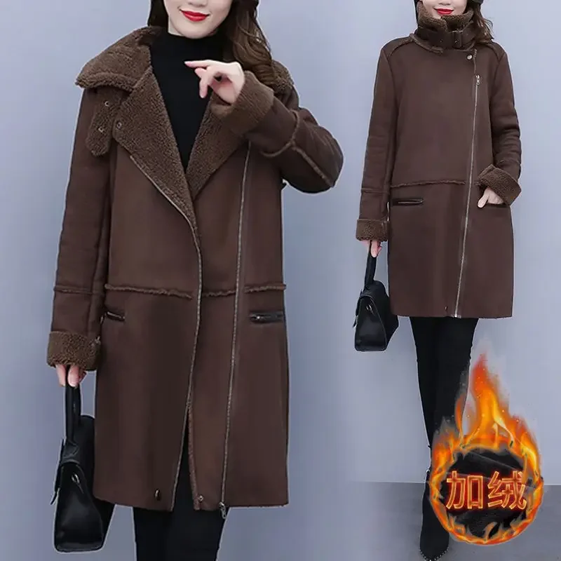 Medium long high-end grand lamb fur one-piece coat for winter large women\'s loose warm long coat