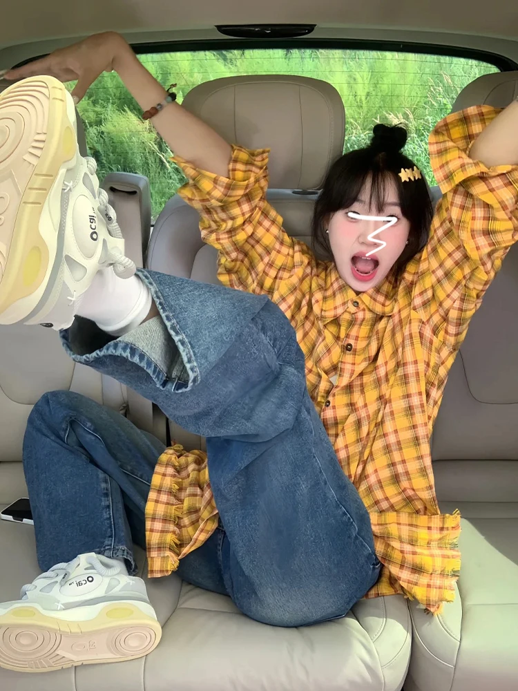 เสื้อเชิ้ตลายสก็อตสีเหลืองสำหรับฤดูใบไม้ร่วงต้น รุ่นใหม่สำหรับฤดูร้อน ผ้าบาง ป้องกันแสงแดด ทรงหลวม แขนยาว สไตล์หวานแบบญี่ปุ่น