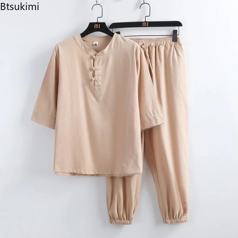 New Men's Cotton Linen Sets Chinese Style Solid Short Sleeve Pants Two Pieces Traditional Clothes Kung Fu Uniform Tang Suit Male