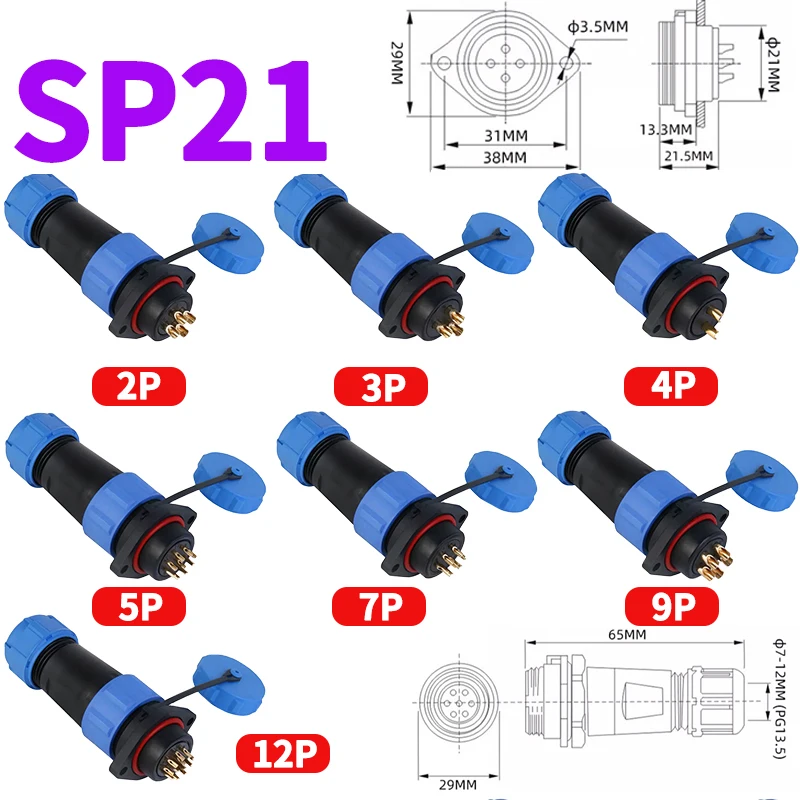 IP68 Aviation Connector SP17 SP13 SP16 SP20 SP21 Male Plug & Female Socket 2 Hole Flange Panel Mount 2 3 4 5 6 7 9 10 12Pin