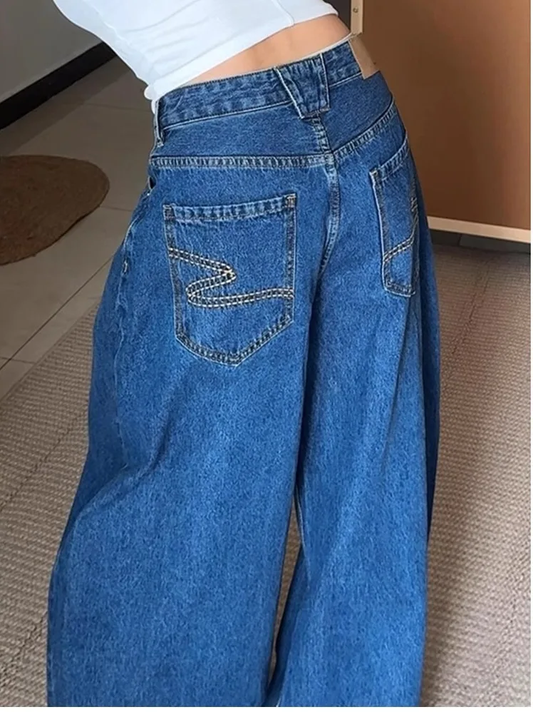 

Retro American Embroidered ket Wide Leg Denim Jeans Men's Loose Fit Straight Cut Trousers Casual Comfortable Long Pants