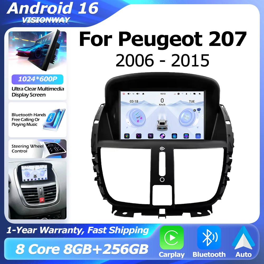 Android 16 Wireless CarPlay For Peugeot 207 2006-2015 Car Radio Lntelligent Multimedia Player 8 Core Auto WIFI 4G DSP GPS