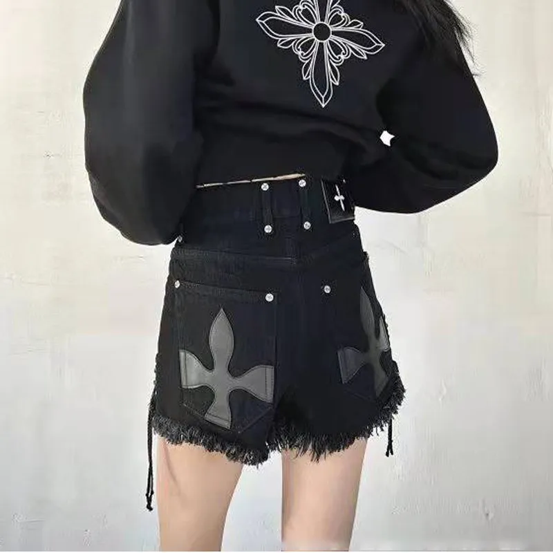 2023 European and American Lace Ragged Cross Pattern Sweet Cool Dark Black Denim Shorts Women Wear Large, Fat, mm Style Outside