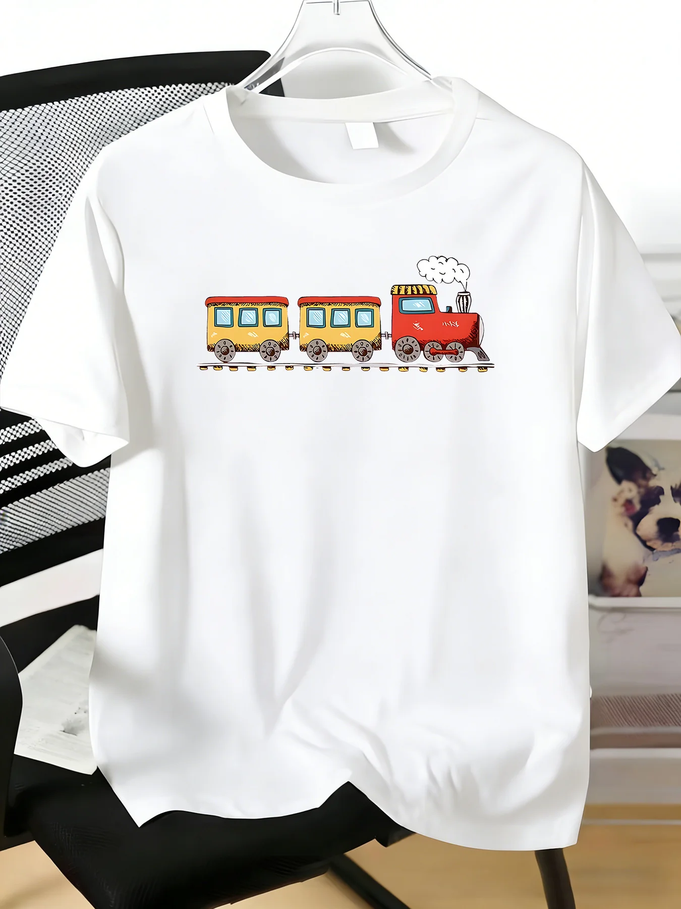 Colorful Vintage Steam Train Cartoon Graphic Mens Cotton Crew Neck Short Sleeve Tee Casual Summer Top For Railway Hobbyist Male