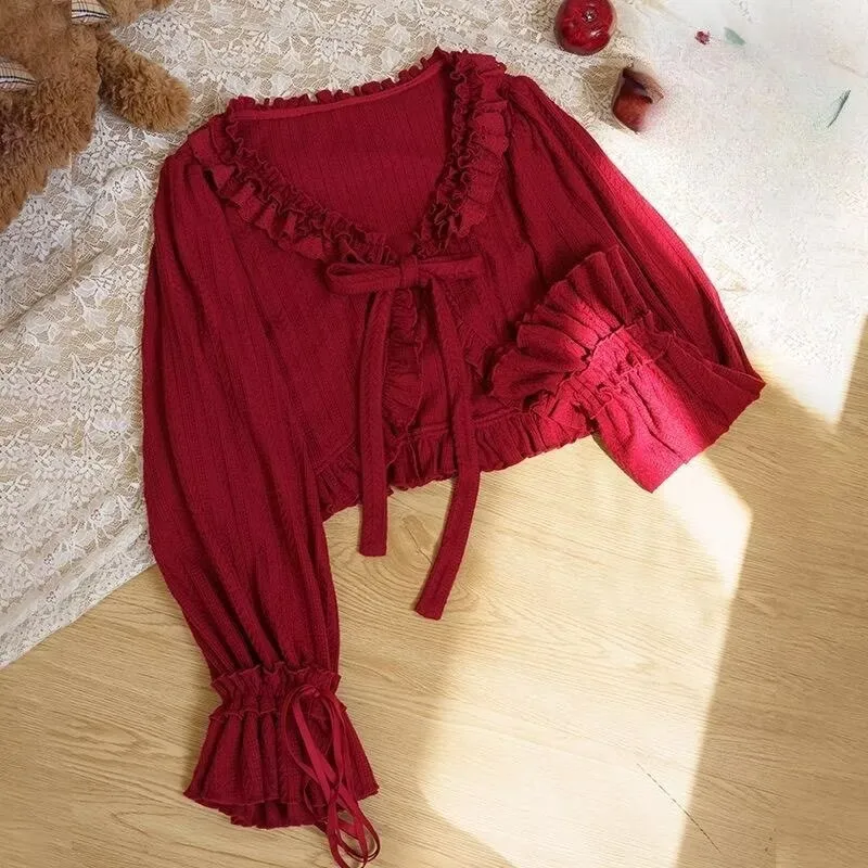 Japanese Lolita Knit Cardigan Women Kawaii Ruffles V Neck Crop Y2k Top Cute Bow Long Sleeve Knitted Coat Spring Casual Outerwear - view 3