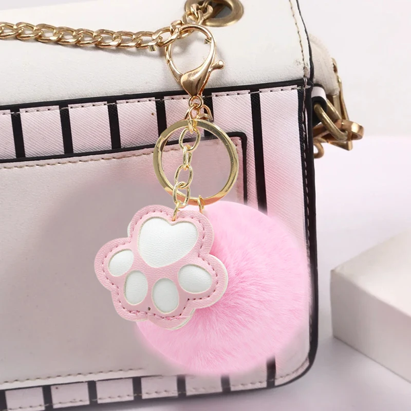 PU Leather Cat Paw Keychain Sweet Pompom Keyrings For Women Handbag Pendant Ornament Car Key Holder Plush Ball Keychain