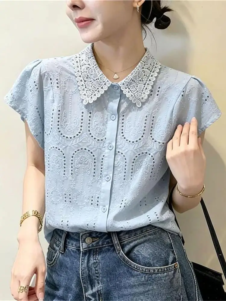 Heavy Embroidery Hollow out Lace Short Sleeve Women's Shirt Spring Commute Style Collar Stand up Top Chinese Style Fashion
