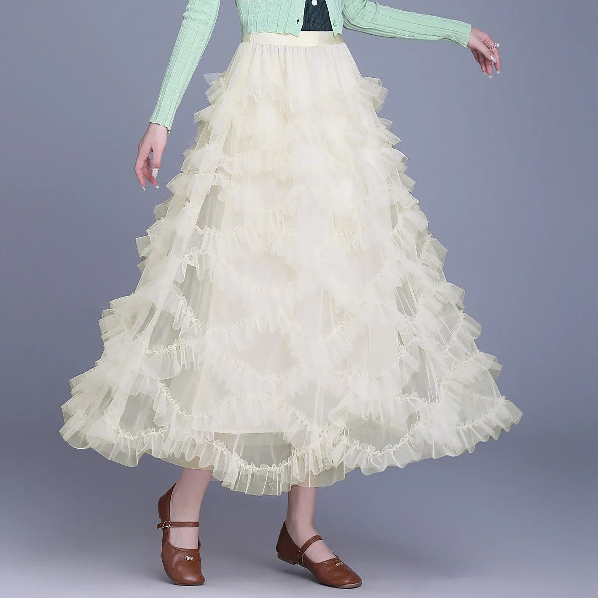 LOUIS YAO 2025 Spring High Waist Sweet Mesh Skirt Fashionable Romantic Long Elastic Waist Lightweight Women's Half Body Skirt