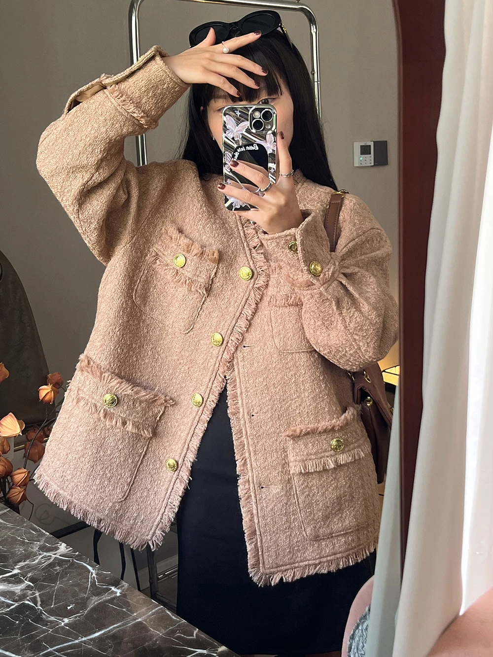 

Autumn Winter Pink Black Fleece Tassel Fragrant Coat Women's Long Sleeves Tweed Jackets