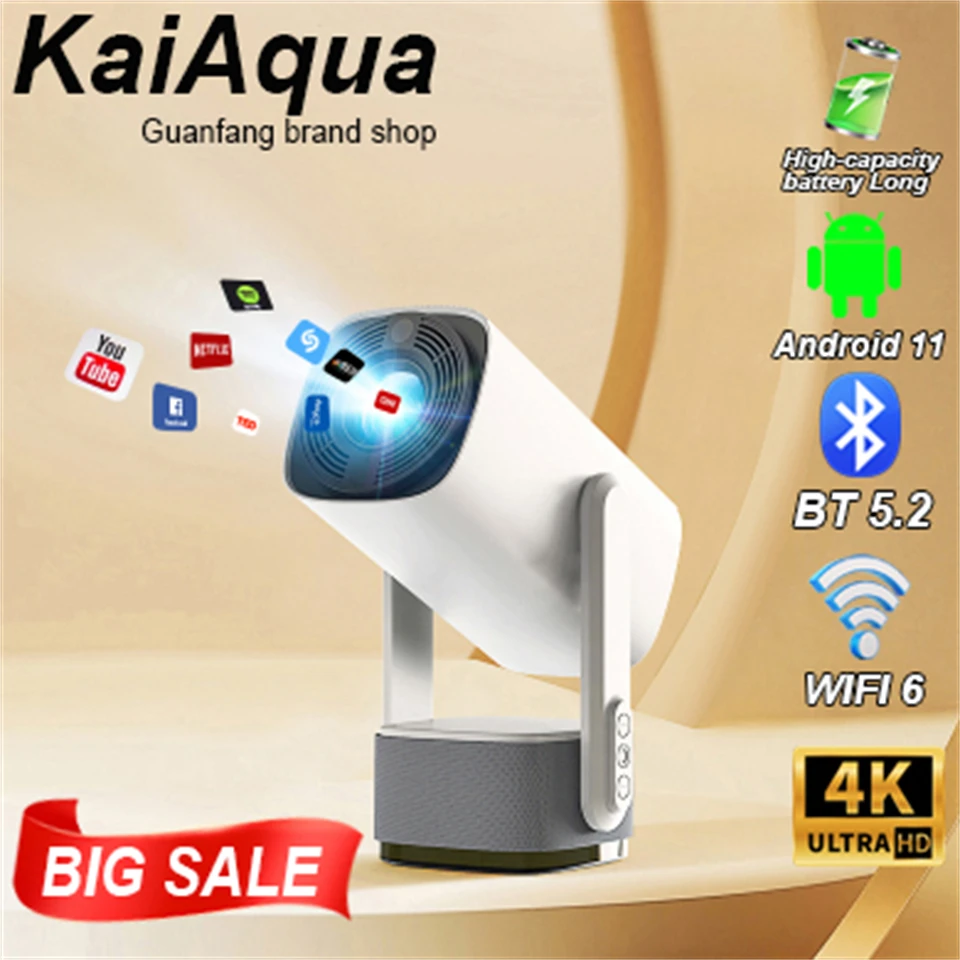 

KaiAqua 4K Projector K2 Smart Android11 Built-in Battery Bluetooth Speaker WIFI Auto Focus Keystone Free-Style for Outdoor Movie