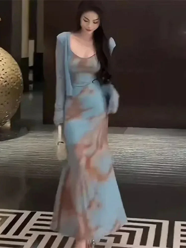 

Y2k Эстетическое сексуальное платье-бретелька с тонкой талией для женщин, весенне-осенний модный новый кардиган с длинными рукавами, комплекты из двух предметов