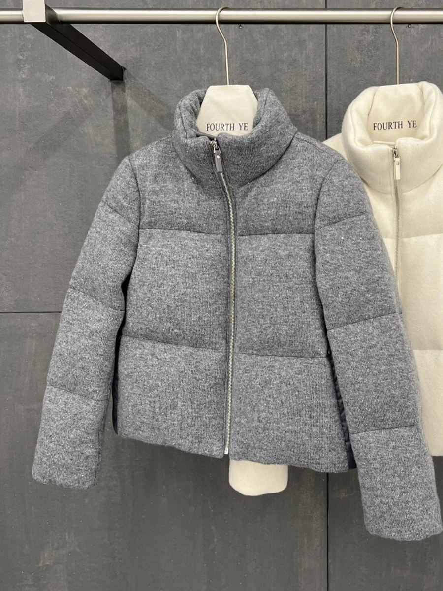 

2025 Winter New High Quality Bright Sequin Goose Down Jacket Knitted Down Jacket Retro Style Women'S Short Puffer Jacket