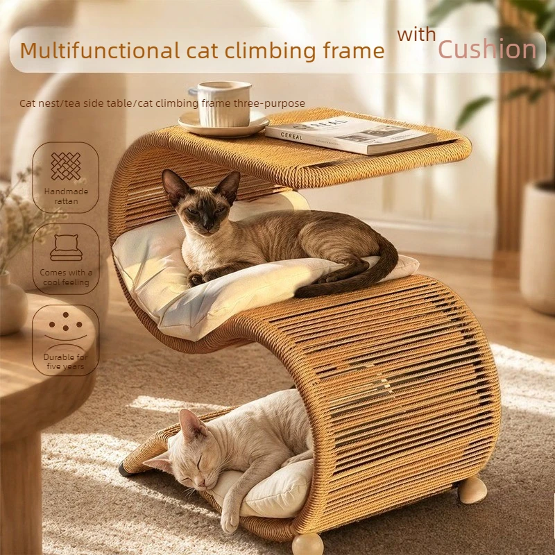 Multifunctional Rattan Cat Climbing Frame with Cushion 3-in-1 Cat Nest Side Table Cats Bed Handmade Cats Home Indoor Furniture