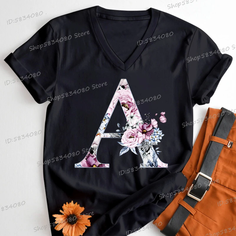 Women's Clothing A-Z 26 Alphabet Flower Vintage Design T-shirts Retro Birthday Gift for Women Floral Letters A B C D Classic Top