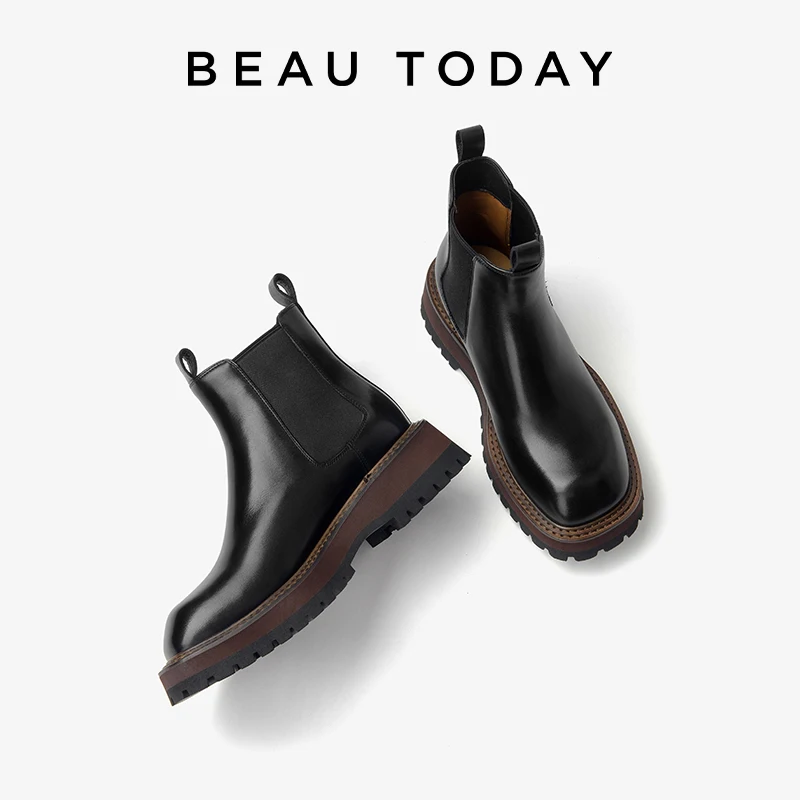 BEAUTODAY Chelsea Boots Women Cow Leather Solid Color Round Toe Elastic Band Thick Sole Ankle Boots Ladies Shoes Handmade 03A79