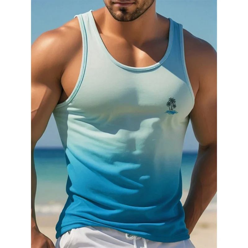 

3D Printed Colorful Gradient Tank Tops For Man Coconut Tree Pattern Tees Summer Casual Vest Oversized Sportswear Street Tank Top