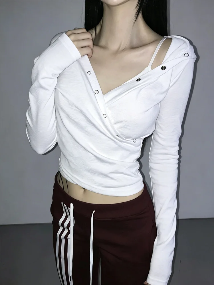 Summer Women Y2K Streetwear Casual Solid Color Snap Button Wrap Front Slim Fit Cropped Hooded V Neck Long Sleeve Pullover Hoodie