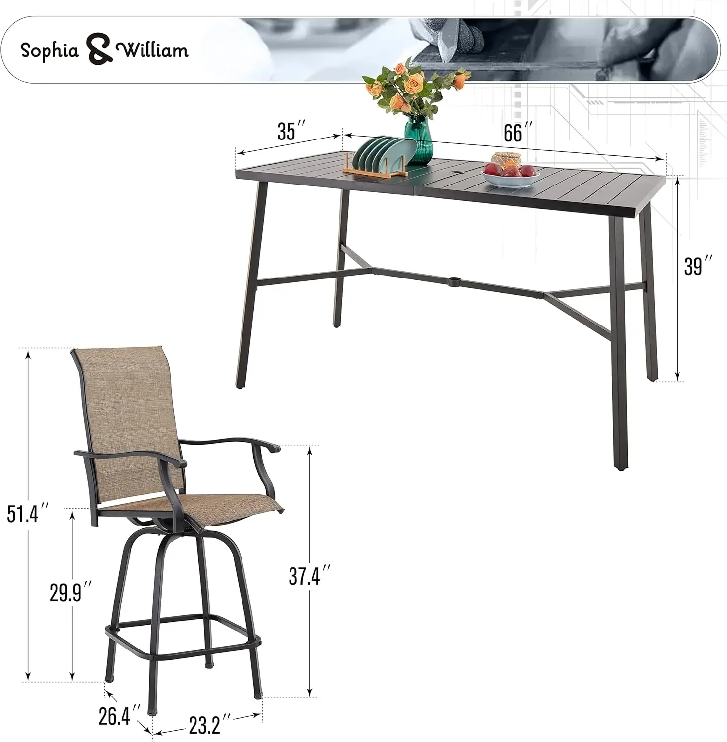 Sophia&William Terrace Bar Table and Chair Set, 6 Rotating Bar Chairs, and 1 Rectangular Bar Table