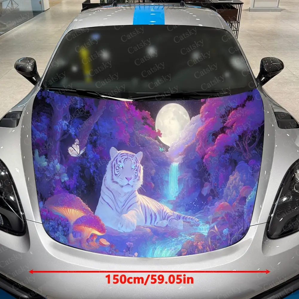 White Tiger Dwelling in Serenity Car Vinyl Wrap, PVC Waterproof Car Hood Sticker, Self-Adhesive Scratch-Resistant Stickers