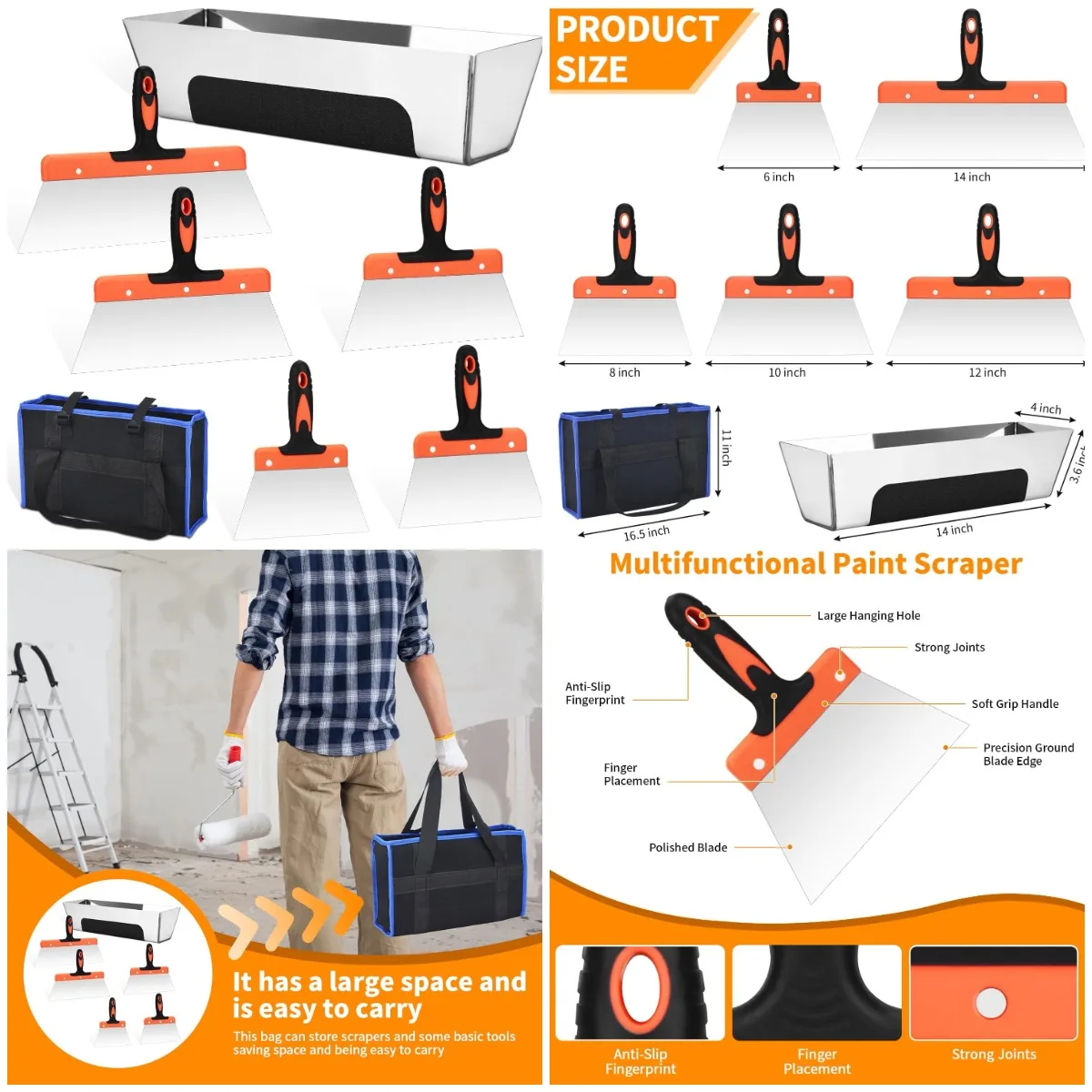 

7-Piece Drywall Tool Kit: 5 Putty Knives (6-14'), Mud Pan, Storage Bags