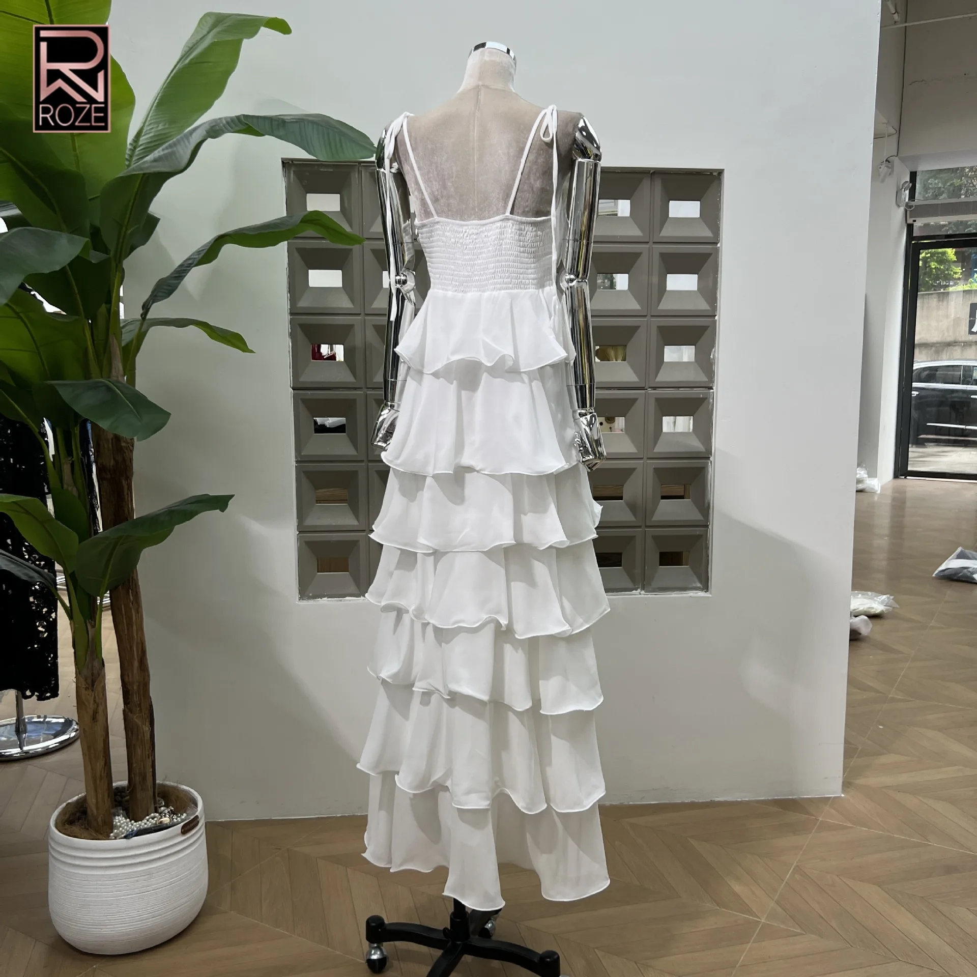 "Vestido maxi feminino em camadas com contas – vestido espartilho simples de cor sólida com faixa na cintura