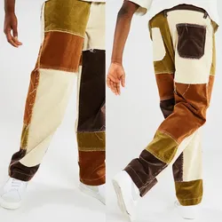 Pantalones vaqueros con diseño de parche lavado para hombre, Jeans rectos de empalme de estilo Hip Hop Harajuku Punk, pantalones sueltos de algodón de calle con borlas