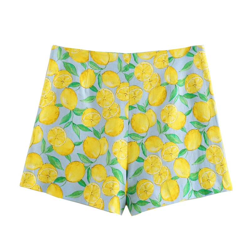 YENKYE Lemon Print Casual Shorts Women Vintage High Waist Holiday Summer Short Mujer pantalones cortos