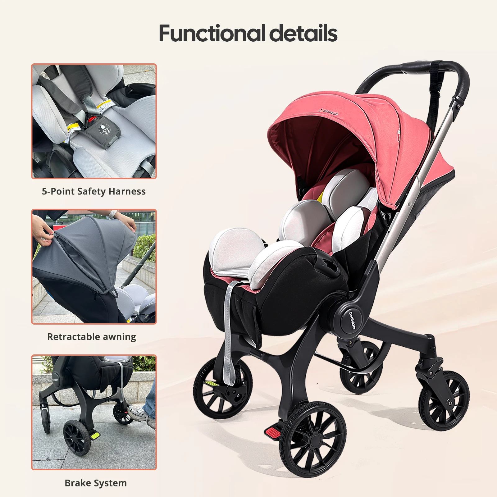 All-Terrain Foldable Baby Stroller, Bidirectional Travel System with Adjustable Backrest, Perfect Camping Cart for Fall