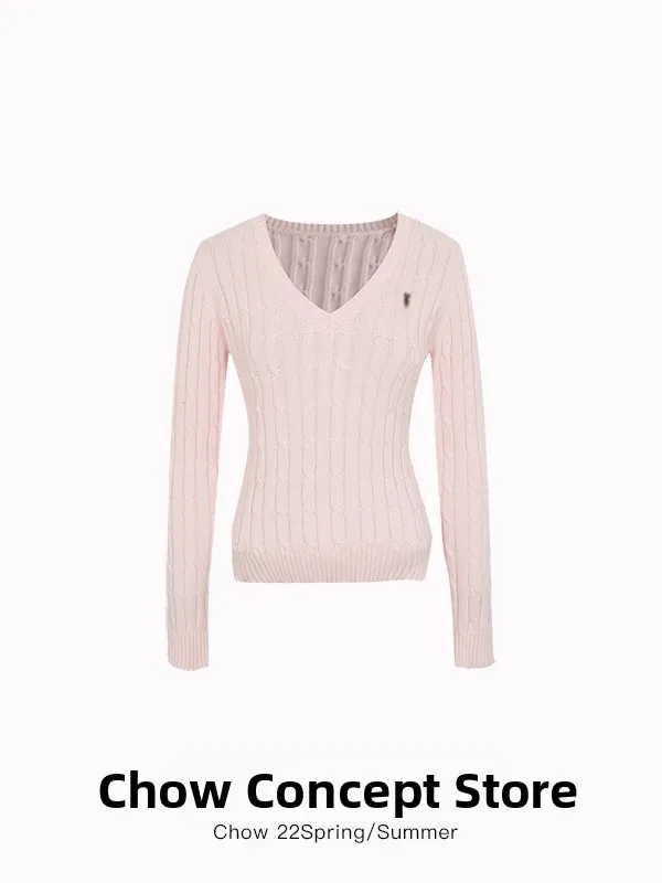 Elegant Pink V-Neck Knitted Sweater Women's Slim Fit Long Sleeve Fashion Design Sensation Autumn New Style Twisted Wool Sweater