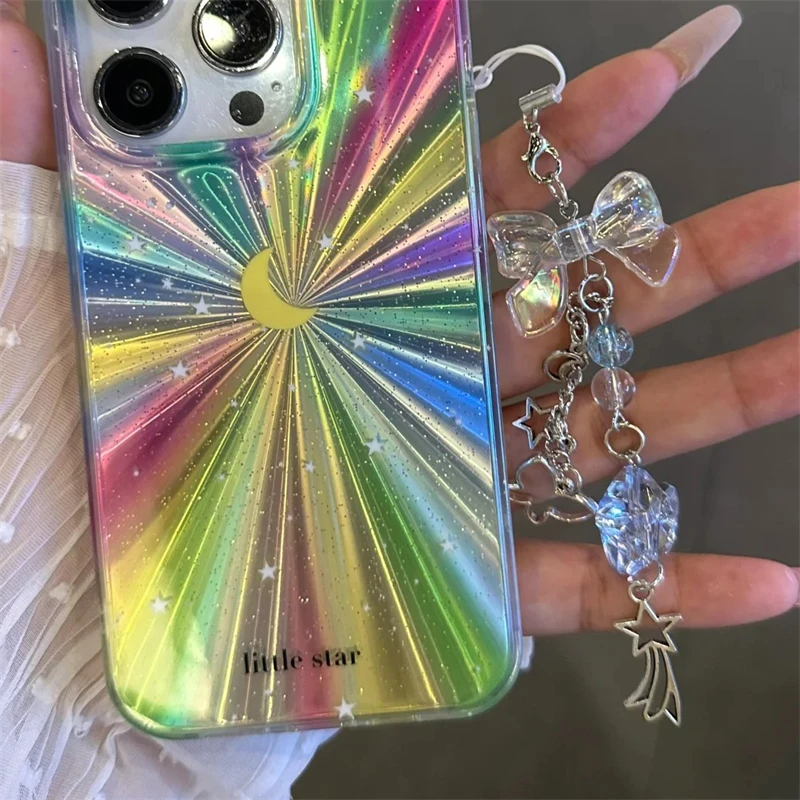 Korea Cute Clear Bow Blue Star Beaded Phone Chain Charm Lanyard For iPhone Samsung Huawei Universal Accessories Jewelry Pendant